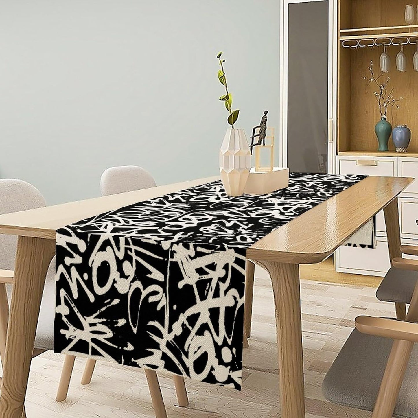 Graffiti Table Runner,Black White Abstract Messy Art Theme Pattern Print Tablecloth Burlap for Hotel Indoors Outdoor Dining Room Kitchen Home Decor,W13X L36 in