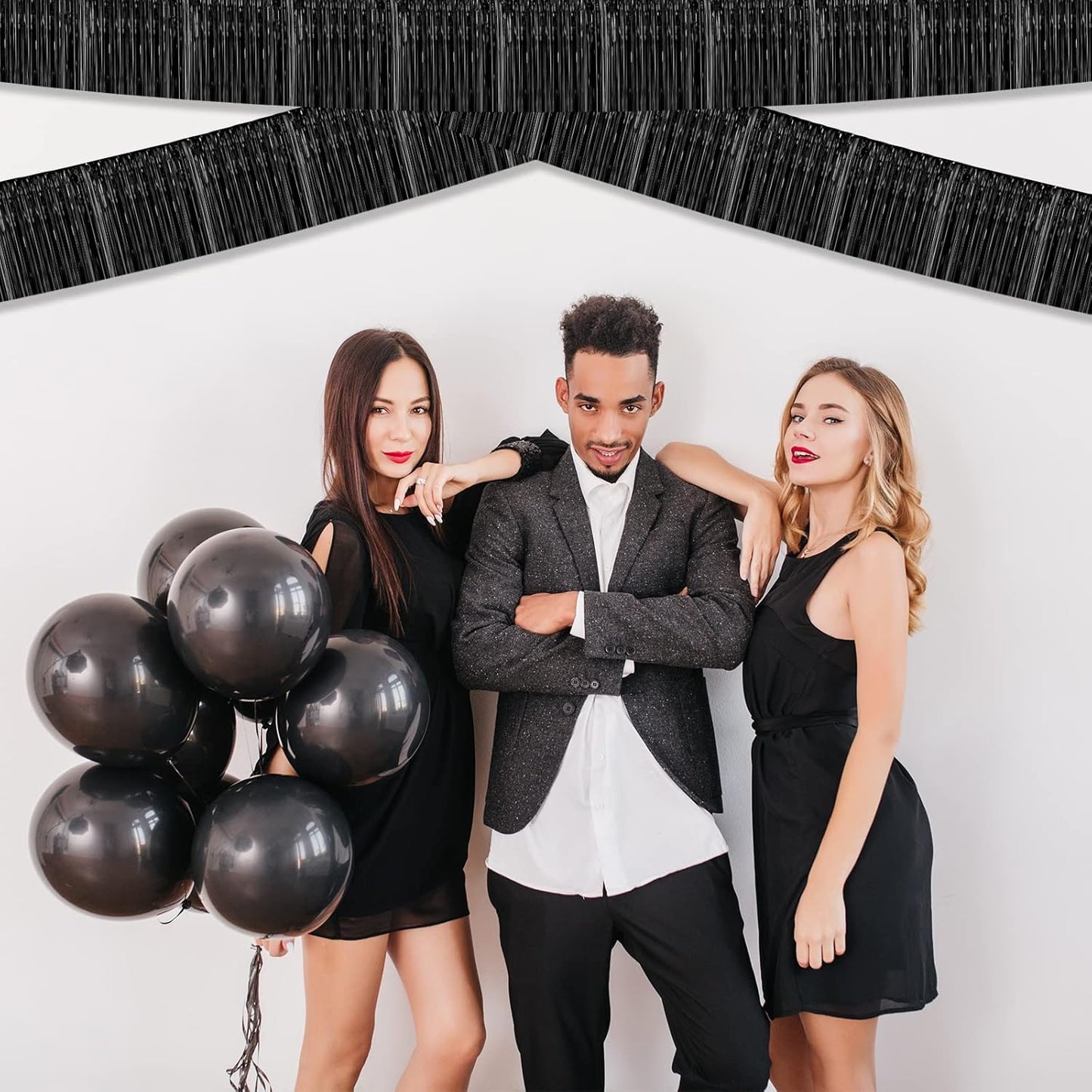 10 Pack 10 Feet Black Foil Fringe Garland Metallic Tinsel Streamers Banner Wall Hanging Curtain Backdrop for Parade Floats, Bachelorette, Wedding, Birthday, Halloween, Christmas Party Decorations