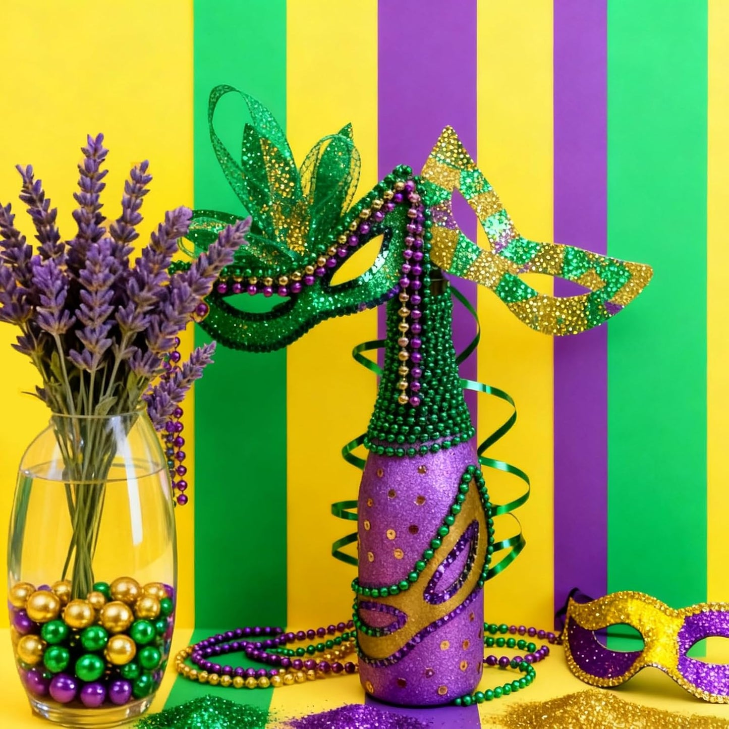 150Pcs Gold&Green&Dark Purple Polished Mardi Gras Beads for Vase Filling Decorations, Plastic Pearls Vase Fillers, Table Scatters, Mardi Gras Party, Home Decor, 8/14/20 mm