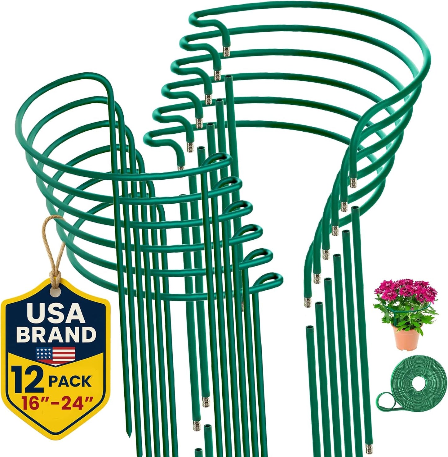 12 Pack Plant Support Stakes – Tall Plant Stakes for Indoor and Outdoor Gardens - Peony Cages and Supports - Cage Rings for Potted Flowers, Peony, Hydrangea, and Rose Bush (10" W x 16" - 24" H)