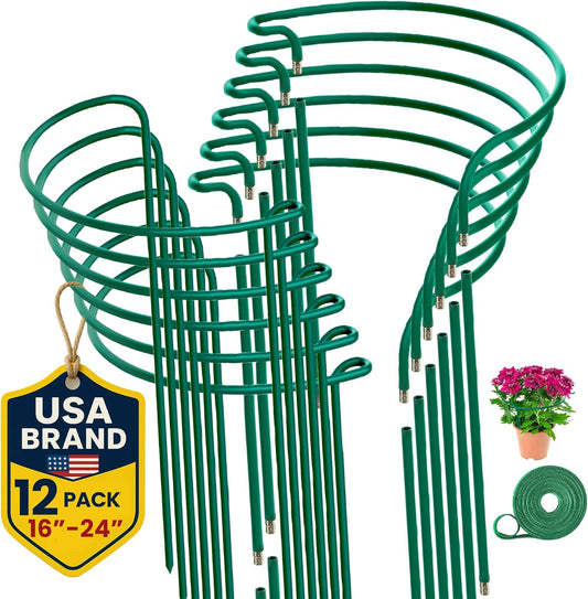 12 Pack Plant Support Stakes – Tall Plant Stakes for Indoor and Outdoor Gardens - Peony Cages and Supports - Cage Rings for Potted Flowers, Peony, Hydrangea, and Rose Bush (10" W x 16" - 24" H)