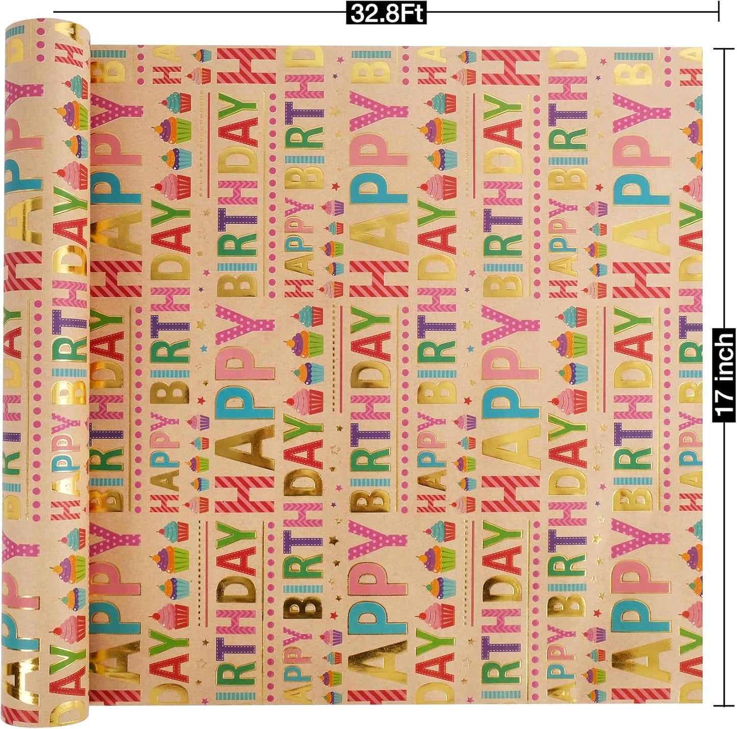 Aimyoo Colorful Birthday Wrapping Paper Roll - 17 Inch X 32.8 Feet - Gold Foil Happy Birthday Lettering & Cupcake Design Gift Wrap for Kids, Baby Showers