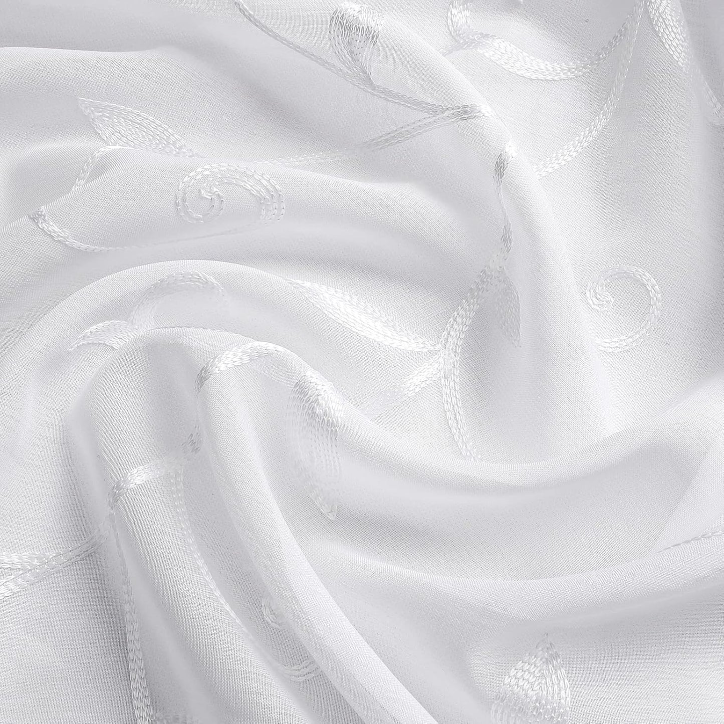 VISIONTEX White Sheer Voile Curtains, Decorative Leaves Embroidery Faux Linen Rod Pocket Window Drapes for Home Kitchen, Living Room and Bedroom 26 x 36 Inch, Set of 2 Curtain Panels