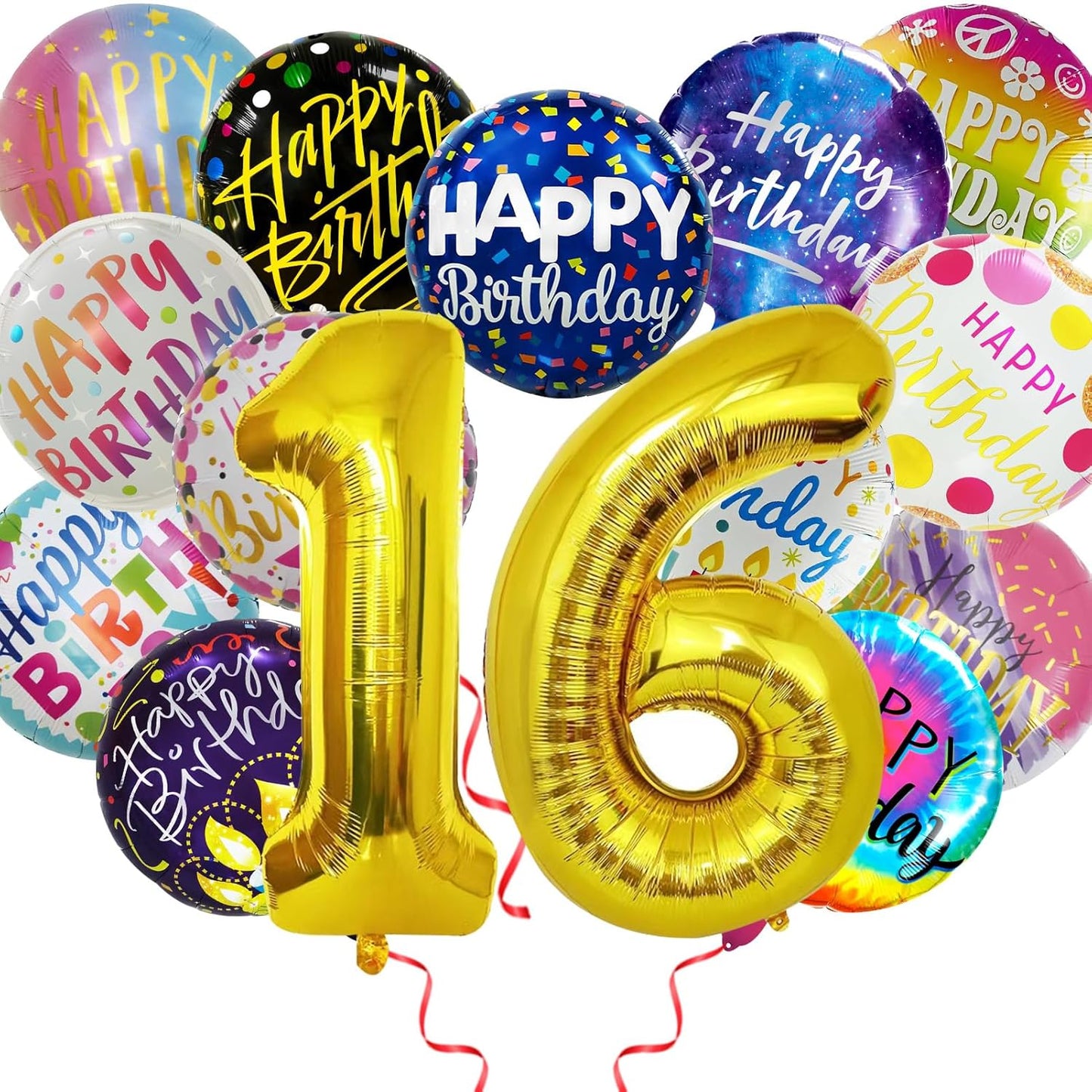 50 Pcs Happy Birthday Party Aluminum Foil Balloons and 16th Birthday Balloons, 18 Inch Round Aluminum Foil Balloon with" Happy Birthday" Sign, Birthday Party Decorations for Boys/Girls(Yellow, 16)
