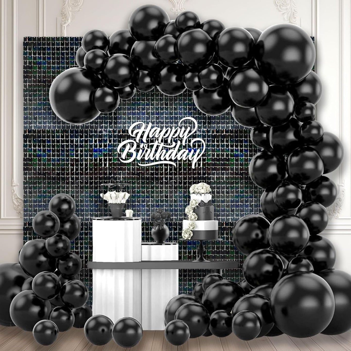12PCS Black Shimmer Wall Backdrop, Laser Square Sequin Photo Backdrops Panel, Glitter Wall Background for Birthdays, Weddings, Christmas, Engagements, Disco Bachelorette Party Decoration (3FTx4FT)
