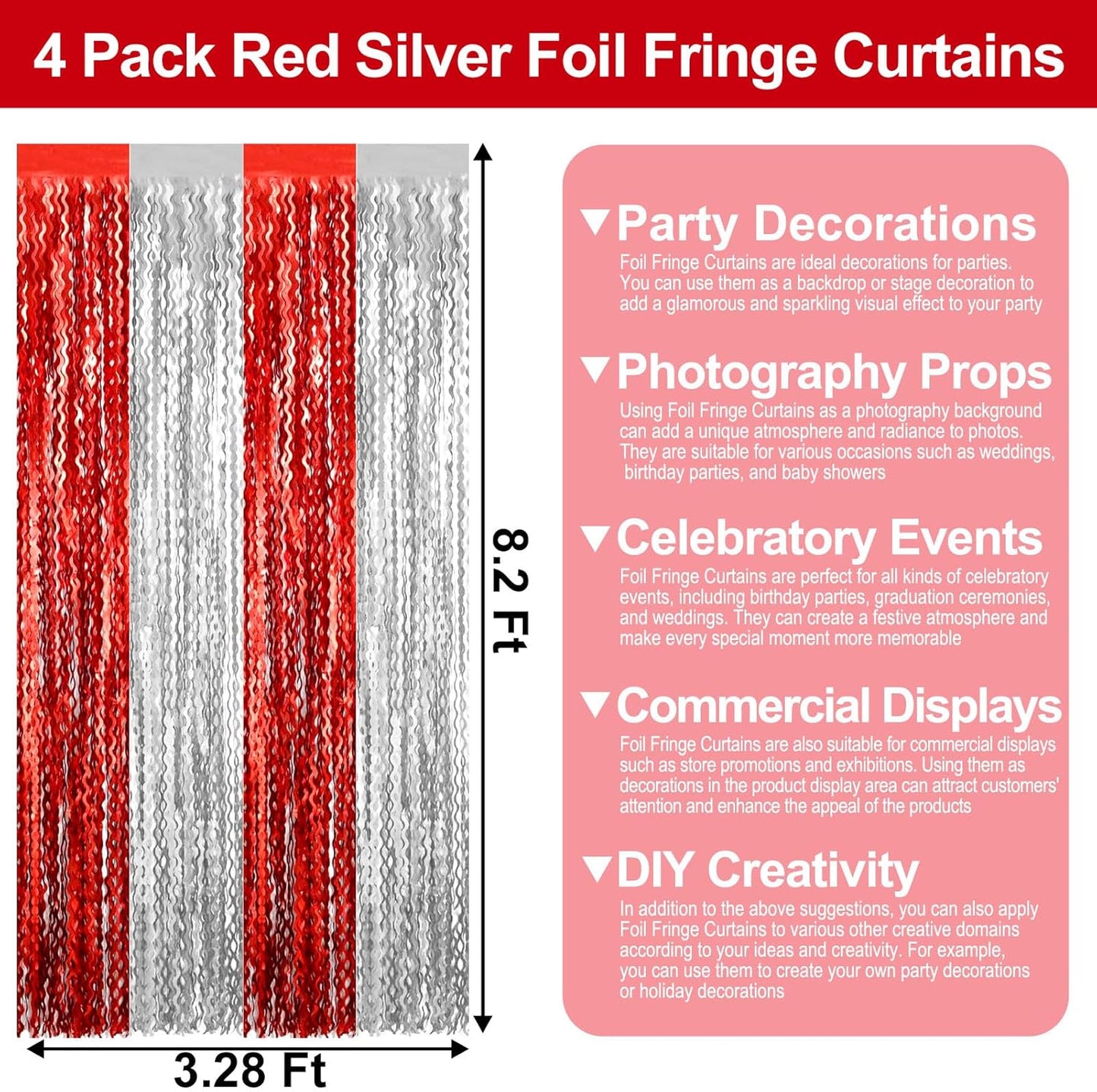 4 Pack Red Silver Wave Foil Fringe Curtain Backdrop, 3.28Ft x 8.2Ft Metallic Tinsel Foil Fringe Streamer Curtains for Photo Booth, Mother's Day, Easter, Birthday, Wedding Party Decoration