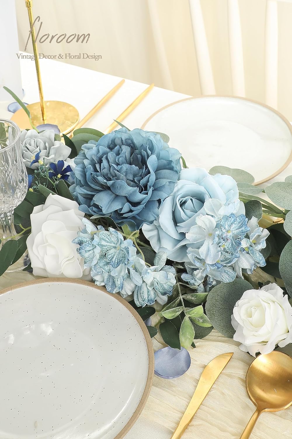 Floroom Dusty Blue Artificial Flowers Powder Blue Fake Roses Peony and Greenery Combo Box Set for DIY Wedding Bouquets Bridal Shower Centerpieces Floral Arrangements Party Tables Home Decorations