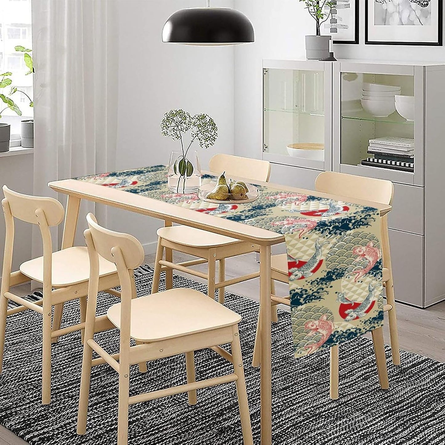 Japanese Table Runner Oriental Tradition Kio Fish Art Printed Burlap Runner Home Kitchen Dining Table Living Room Decor Fabric 1 Panel W13xL90in