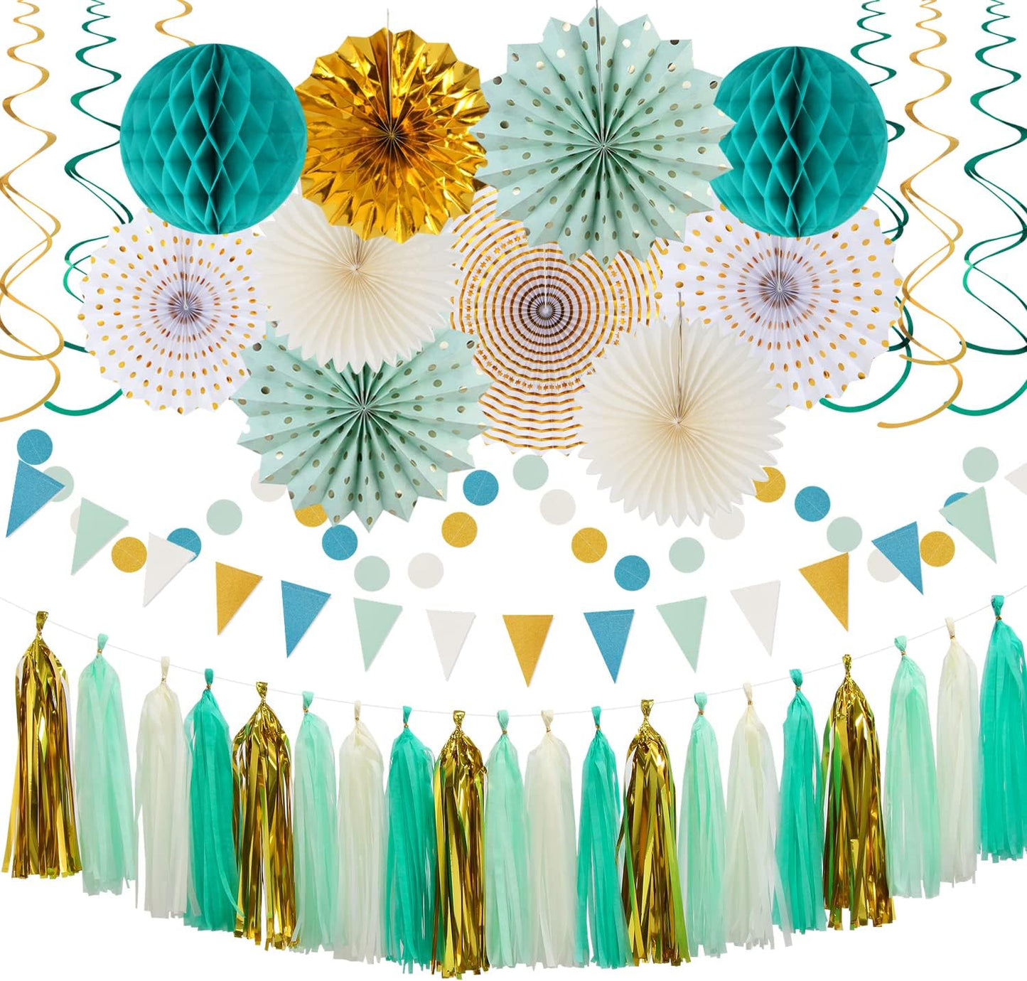 Teal-Gold Sage Green Party-Decoration - 33pcs Kits Tissue Pom Poms Honeycomb,Banner,Streamers Tassel Garland,Paper Lantern Fans,Wedding Engagement Bachelorette Birthday Baby Bridal Shower Decor Hugtmr