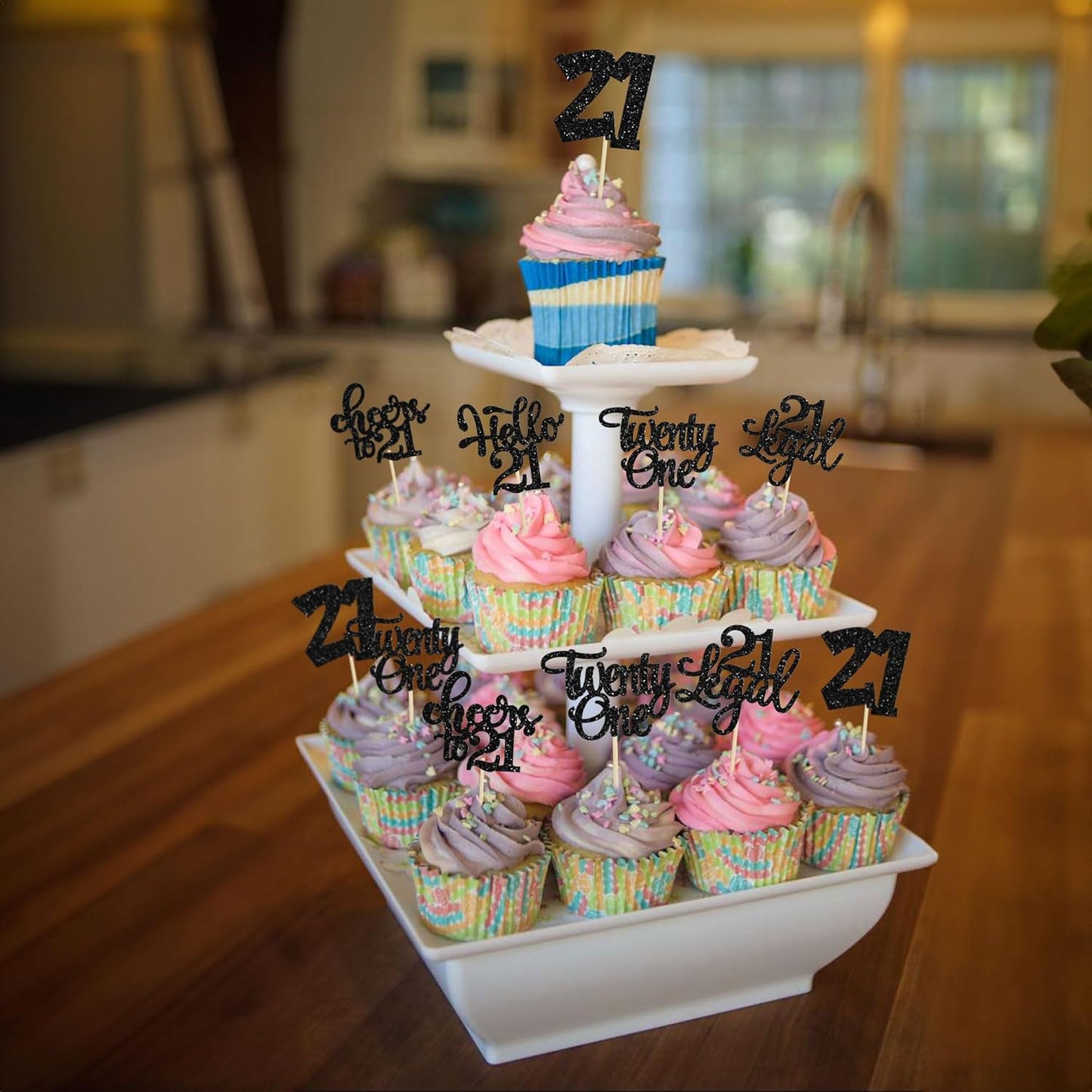 30pcs 21st Birthday Cupcake Toppers - Legal 21st Cupcake Picks - Cheers to 21 Years Old Cake Decorations - Black Glitter