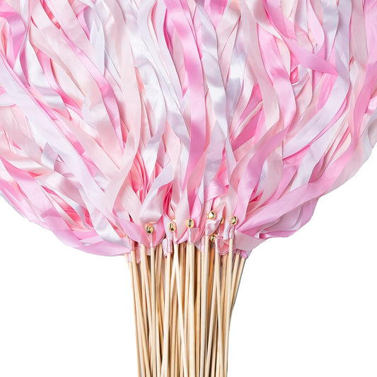 60 Pieces Wedding Colorful Ribbon with Bells, Party Ribbons Streamers Sticks Magic Wish Fairy Wand for Wedding Party Holiday Activities Favors (Pink-60)