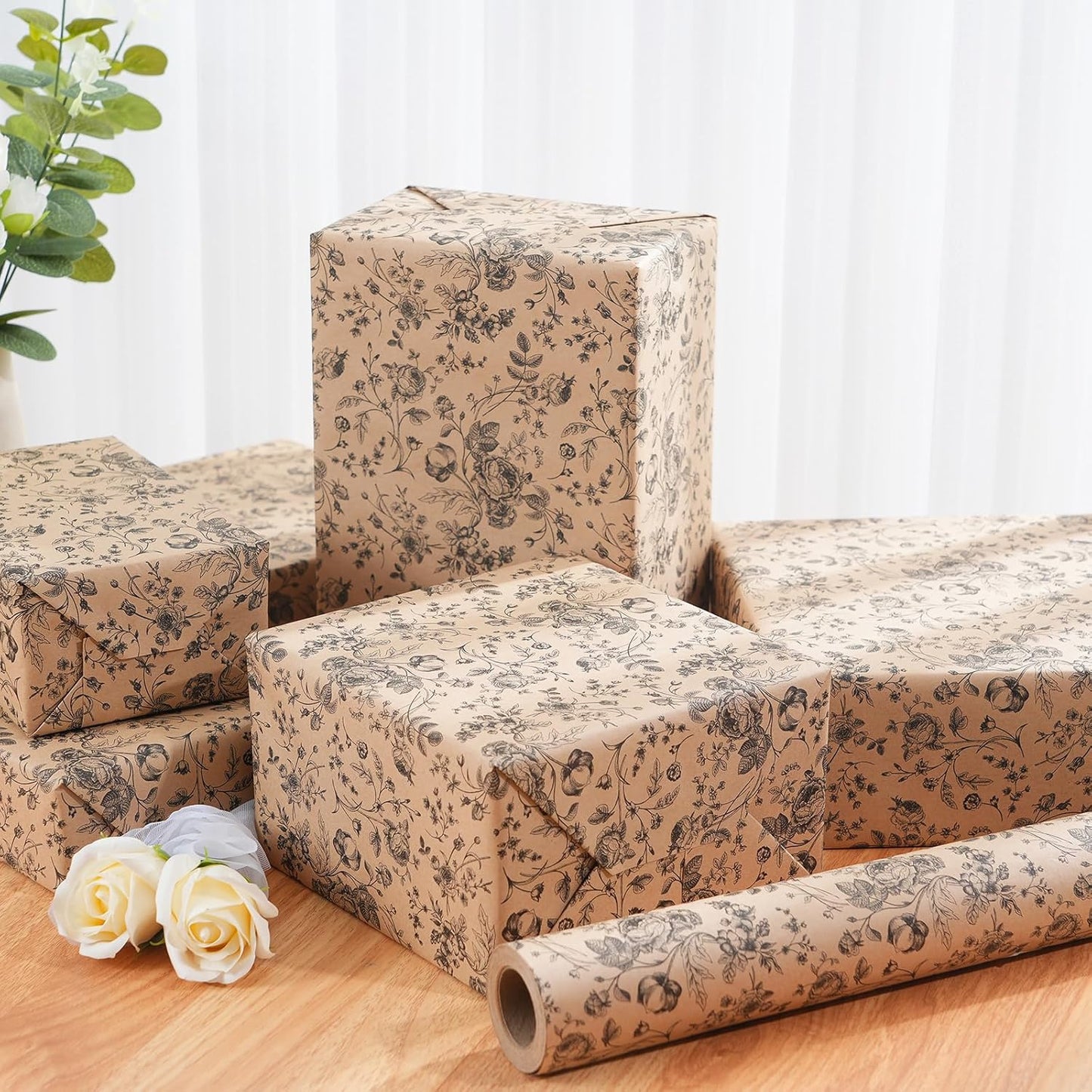 Ulmasinn Kraft Floral Wrapping Paper Roll - 17 Inches x 33 Feet - Vintage Black Floral Design with Cut Lines for Upscale Gifts, Birthday, Bridal Shower, Wedding, Mother’s Day, Valentine's Day
