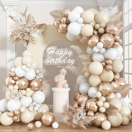 Neutral Balloon Arch Kit 142Pcs Cream White Champagne Gold Balloons Garland Kit Boho Beige Sand White Gold Nude Birthday Party Balloons for Women Baby Bridal Shower Wedding Anniversary Decorations