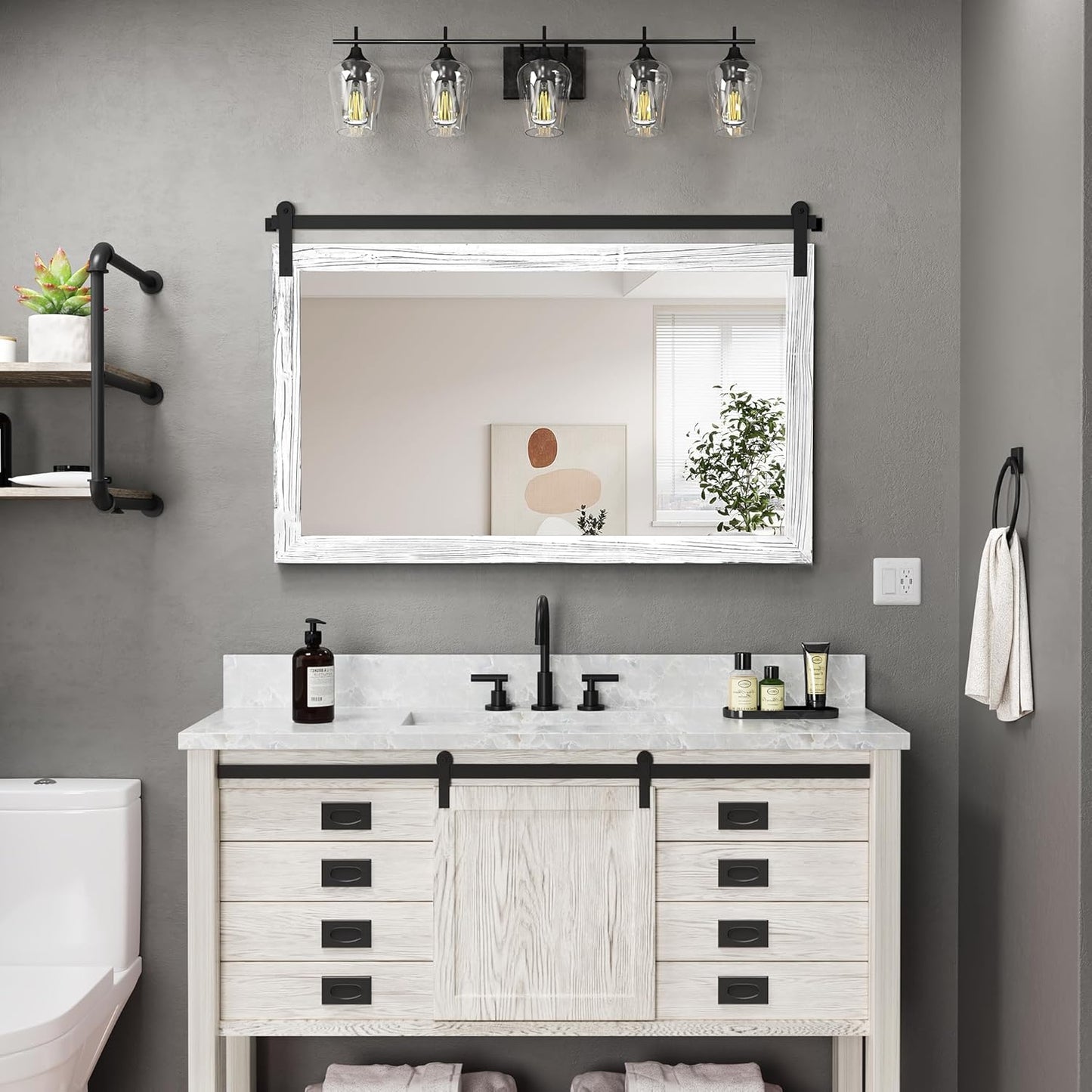 COGOOD Farmhouse Bathroom Mirror - 45 x 30 Large Rectangle Barn Door Mirror for Vanity, Bedroom, Living Room Wall Decor (White)