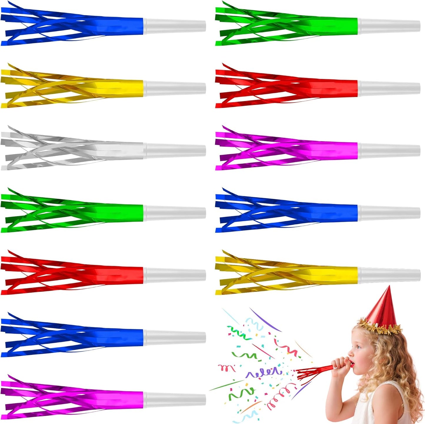 24 PC Multi Party Blowers for Adults Party Horns Birthday Blowers Noisemakers Blowouts Whistles Metallic Fringed Party Blower for Birthday Sporting Events Graduation