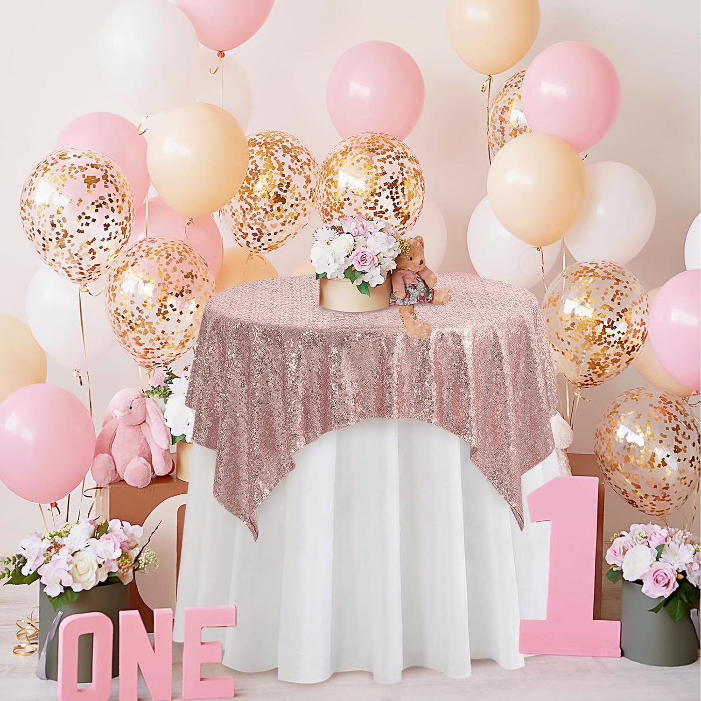 Square Rosegold Sequin Tablecloth- 50x50 inch, Seamless Sparkle and Glitter Party Table Cloth, Shiny&Elegant for Wedding Birthday Ceremony Prom Table Decorations