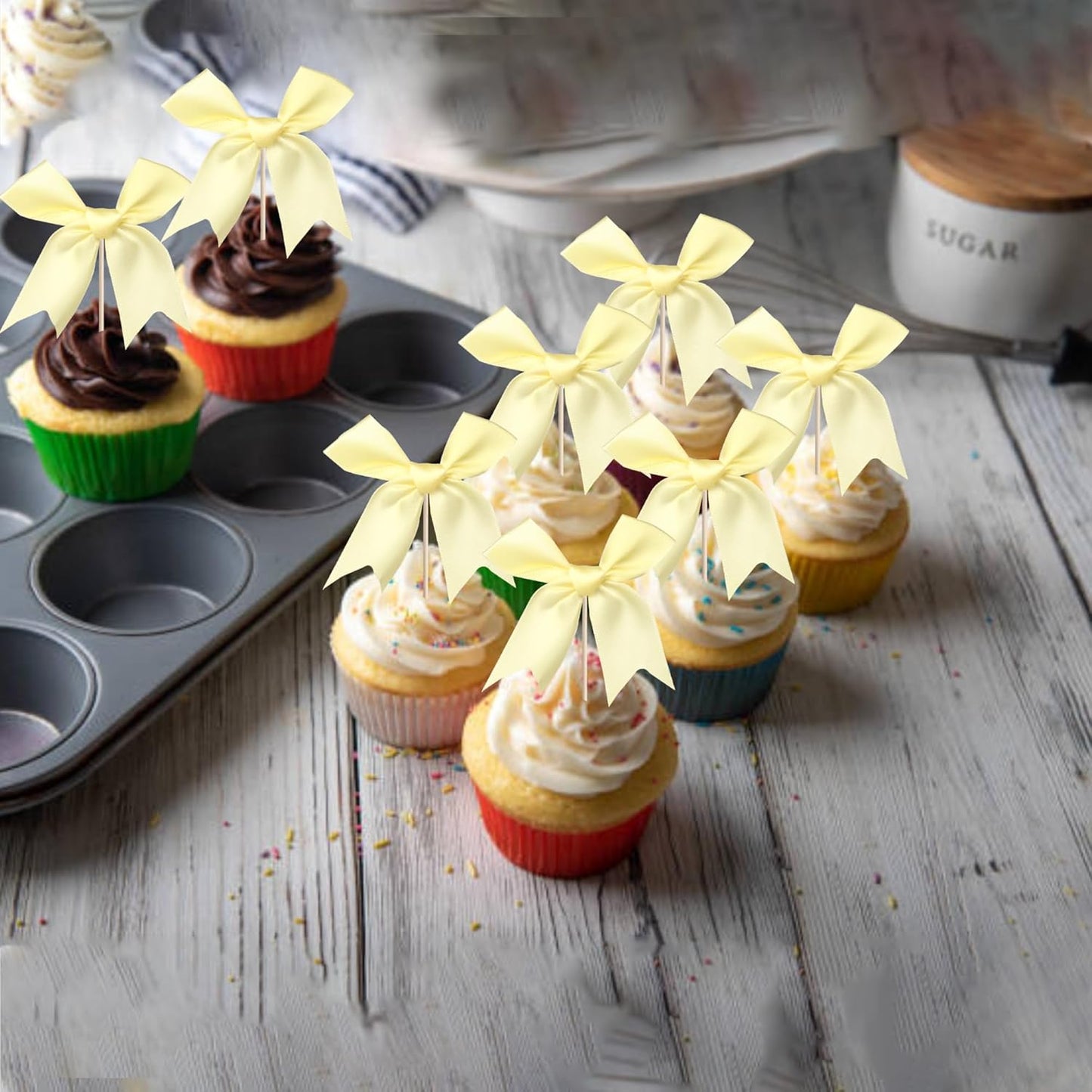 24 PCS Bow Cupcake Toppers Bow Cupcake Picks Bowknot Birthday Party Decorations Bowknot Cake Dessert Picks for Baby Shower Birthday Wedding Bridal Engagement Party Cake Decorations Supplies Yellow