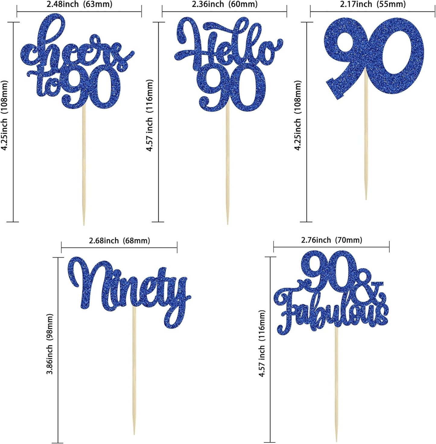 30pcs Happy 90th Birthday Cupcake Toppers - Deep Blue Glitter Ninety Cheers to 90 Years Old Cupcake Picks for Anniversary Party Cake Decorations