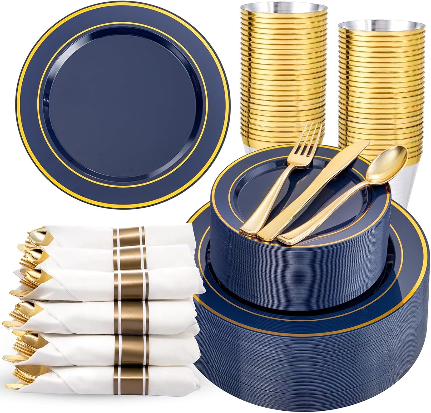 350PCS Blue and Gold Plastic Plates - Navy Blue Plastic Plates with Rolled Napkins - Include 25 Dinner Plate 10’’, 25 Dessert Plate 7’’, 25 gold Cups 9 OZ, 25 Pre Rolled Napkins for Party/Wedding