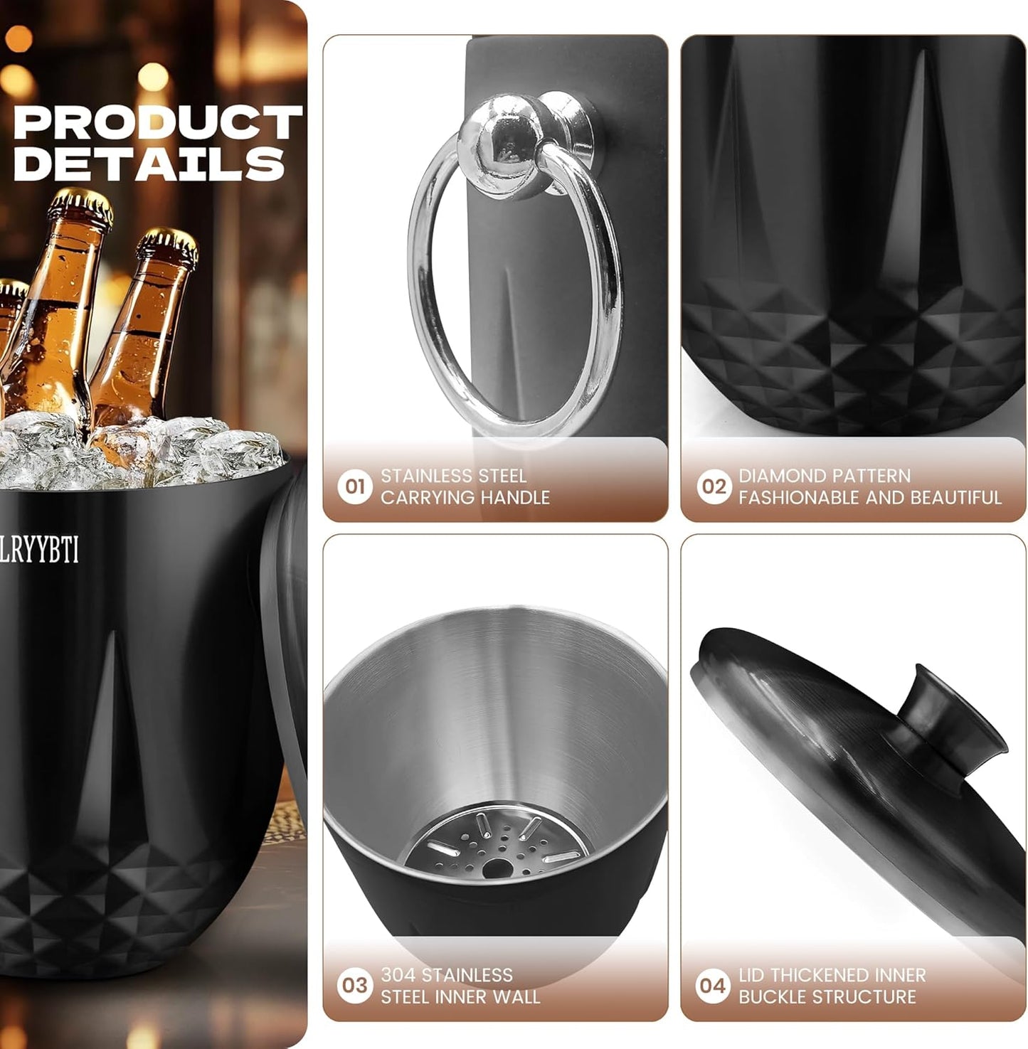 3L Ice Buckets for Parties and Cocktail Bar with Stainless Steel Lid,Tongs & Strainer(Black) Double-Wall Insulated Metal Ice Bucket Keep Ice Frozen Longer for Outdoor Champagne Ice Container Bin