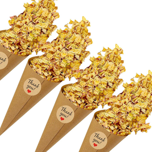 PATIKIL Dried Flower Confetti Cones, 30Pcs Paper Tapers Cone Holder with Dried Rose Petal / Sticker for Wedding Party Engagement Birthday DIY Decoration, Light Yellow/Pink