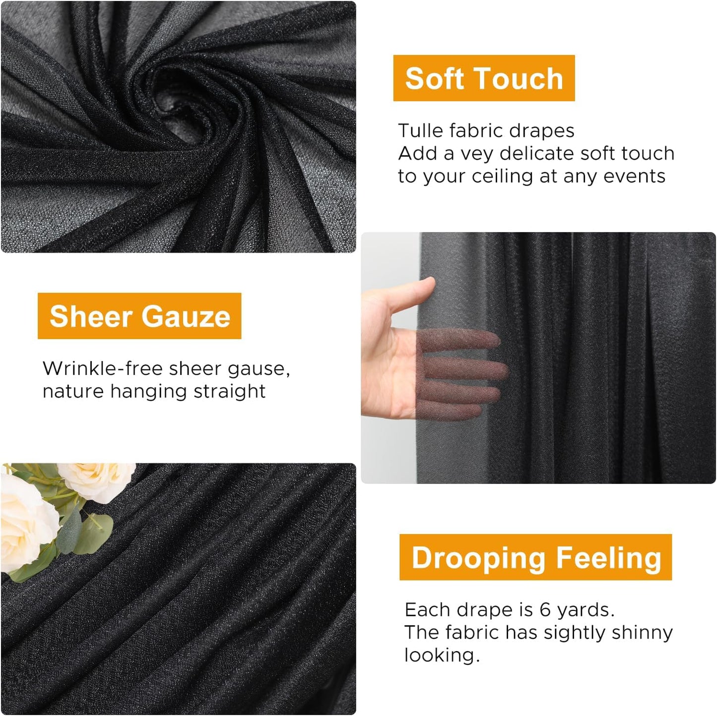 Wedding Arch Draping Fabric 6 Panels 28.7" x 20FT Black Sheer Chiffon Backdrop Drapes for Wedding Ceremony Birthday Party Bridal Shower Outdoor Decoration