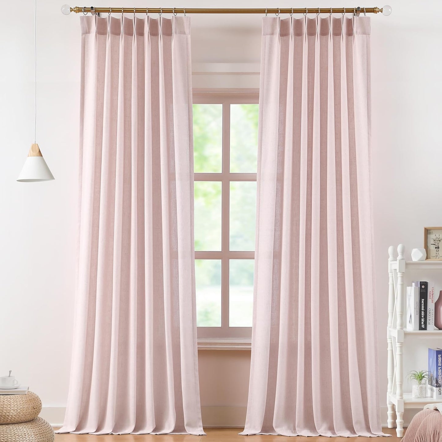 Vision Home Soft Pink Pinch Pleated Semi Sheer Curtains Textured Linen Blended Light Filtering Window Curtains 120 inch for Living Room Bedroom Pinch Pleat Drapes with Hooks 10ft 2 Panels 40" Wx120 L