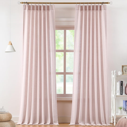 Vision Home Soft Pink Pinch Pleated Semi Sheer Curtains Textured Linen Blended Light Filtering Window Curtains 120 inch for Living Room Bedroom Pinch Pleat Drapes with Hooks 10ft 2 Panels 40" Wx120 L