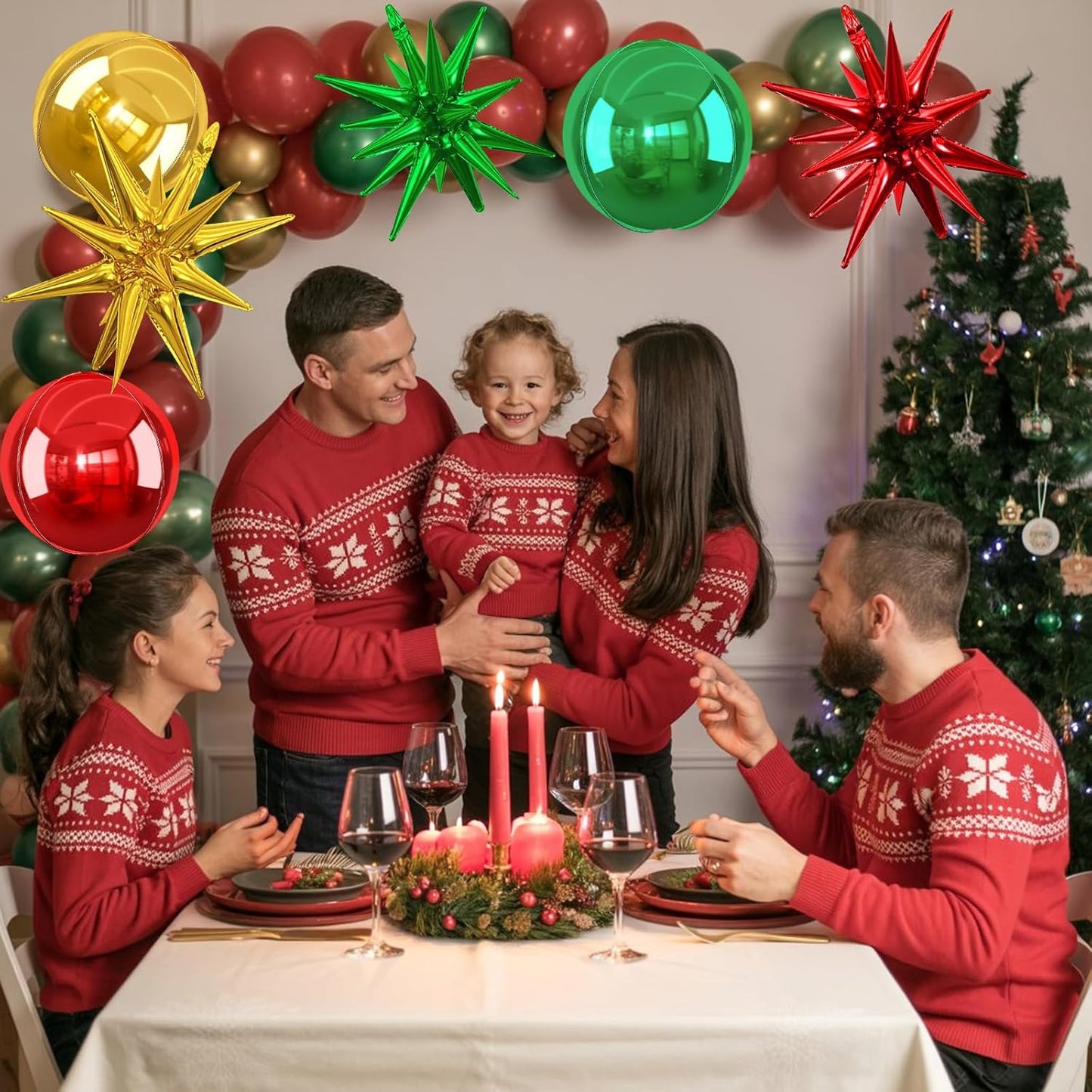 6Pcs Red Green Gold Foil Balloons,22Inch Green Red Gold 4D Round Ball Balloon and Explosion Star Balloon for Christmas Birthday Wedding Baby Shower Anniversary Party Decorations