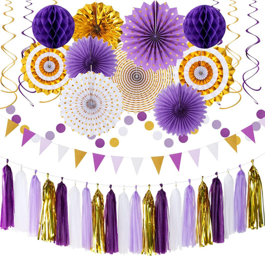 Purple-Gold Graduation Party-Decoration - 33pcs Kits Banner, Streamers Tassel Garland,Tissue Pom Poms Honeycomb, Paper Lantern Fans,Wedding Girl Birthday Baby Bridal Shower Decor Hugtmr