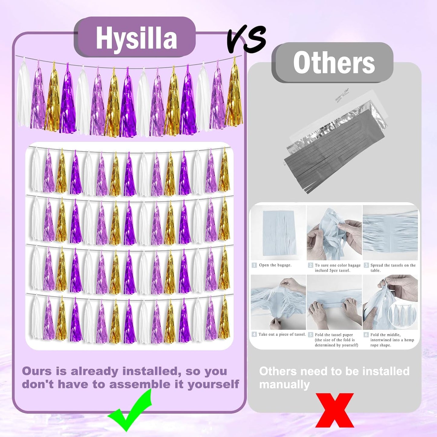 3P Purple-Gold Party Decoration Tassel Garland, Tassels Banner Streamers for Parade Floats, Bachelorette, Wedding, Birthday, Halloween, Christmas, Bridal/Baby Shower Party Decorations