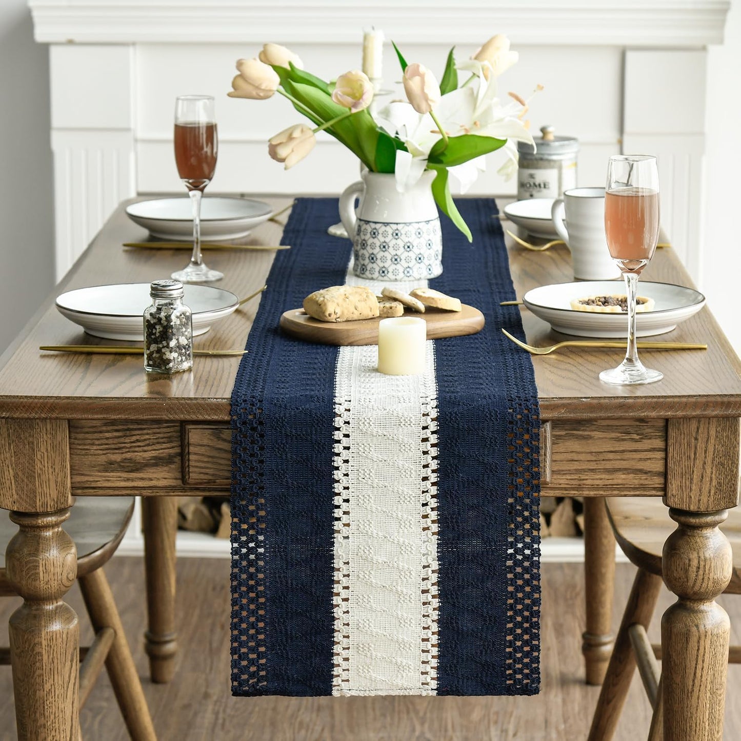 Artoid Mode Dark Blue Farmhouse Rustic Table Runner, Seasonal Hollow Kitchen Dining Table Decoration for Home Party Decor 12x90 Inch