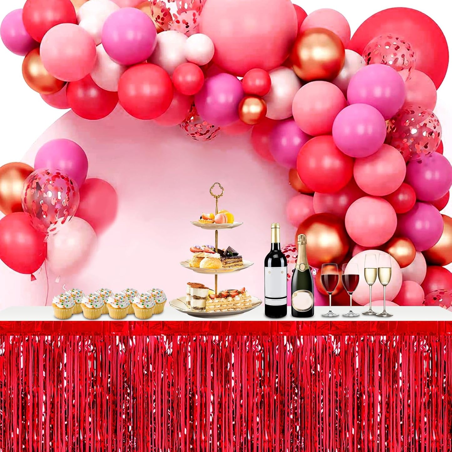 3 Pack 29x108 Inch Red Foil Fringe Table Skirts Metallic Banner for Tinsel Streamer Garland Backdrop for Parade Floats Wedding Thanksgiving Birthday Christmas Halloween Party Decoration