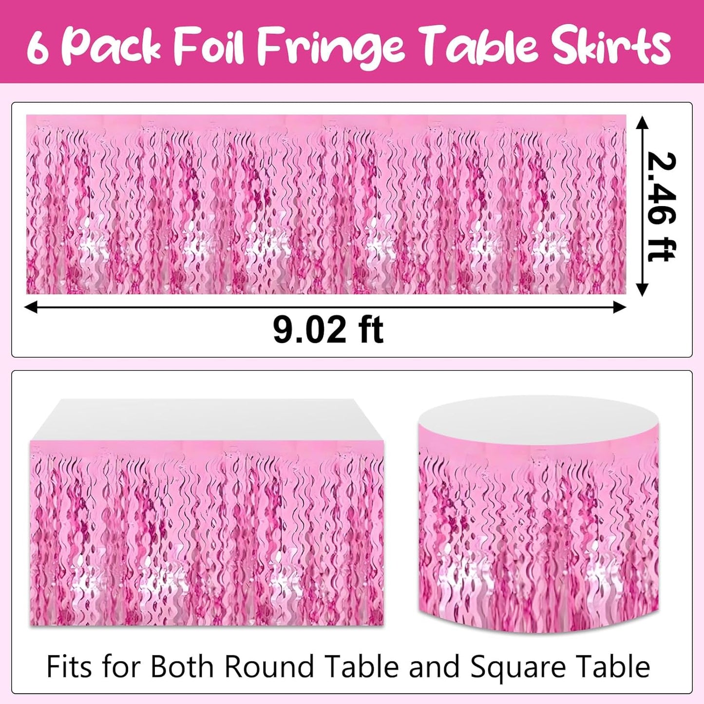 6 Pack 29 x108 Inch Pink Wave Foil Fringe Table Skirts Metallic Banner for Tinsel Streamer Garland Backdrop for Parade Floats, Mother's Day, Easter, Wedding, Birthday Party Decoration