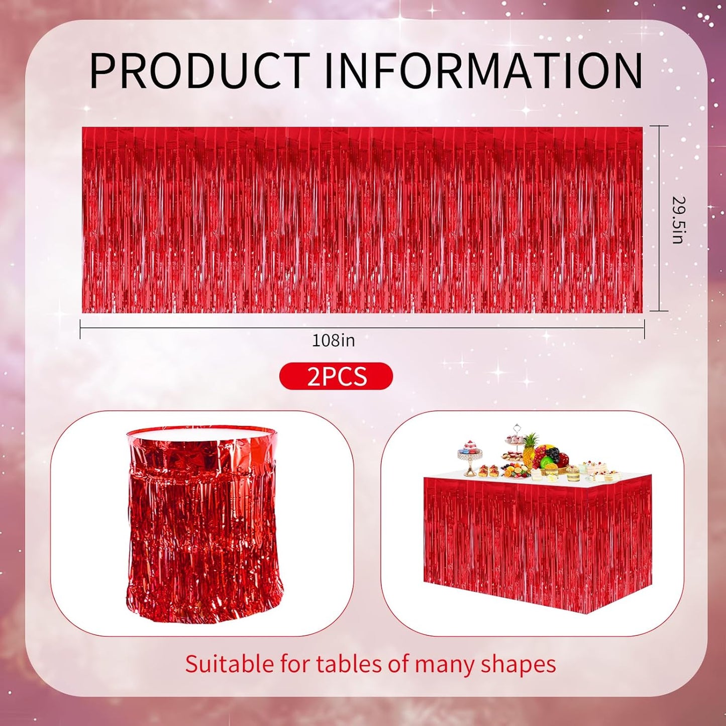 BEISHIDA 2 Pack Red Table Skirts Party Decorations Metallic Tinsel Foil Fringe Decors for Rectangle and Round Table Birthday Valentines Chinese New Year Graduation Congrats 2025 Party