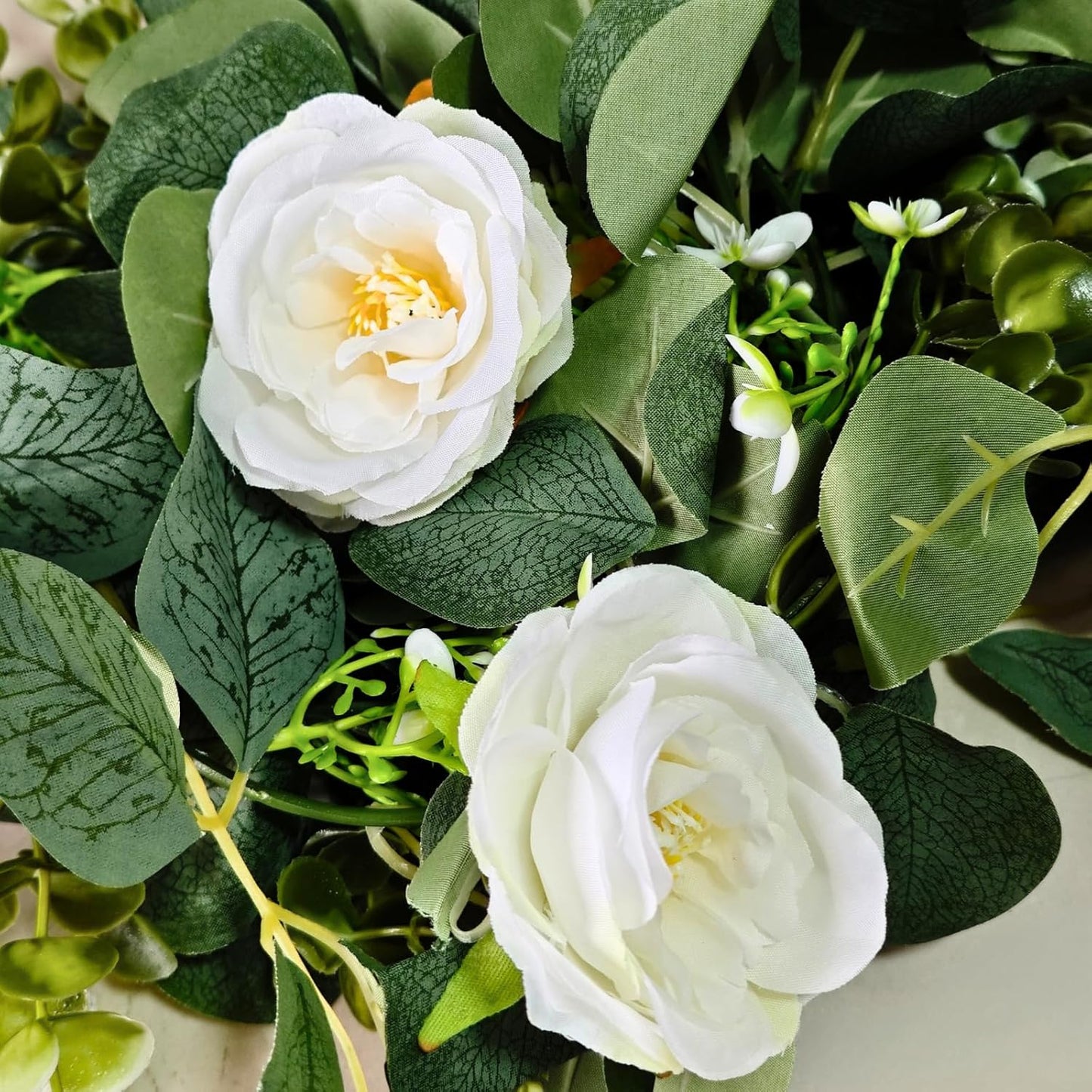 ASTRYAS 2 Pack 6.23Ft Artificial Eucalyptus Garland with Flowers, Fake Rose Garland Greenery Garlands Floral Vines for Wedding Spring Home Party Craft Art Table Runner Decor(White)