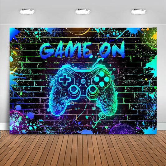Mocsicka Game On Backdrop Video Game for Boys Level Up Birthday Party Decoration Game Night Arcade Neon Glow Gamer Banner Photography Background (Blue, 8x6ft(96"x72"))