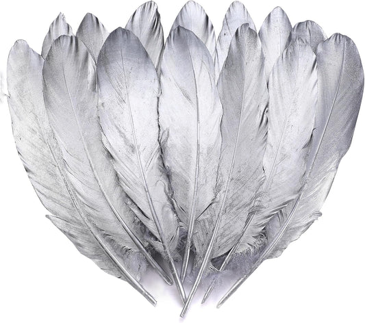 Larryhot Silver Goose Feathers for Crafts - 6-8 inch 60 pcs Natural Feathers for Wedding Party Decorations,DIY Crafts and Clothing Accessories (Silver)