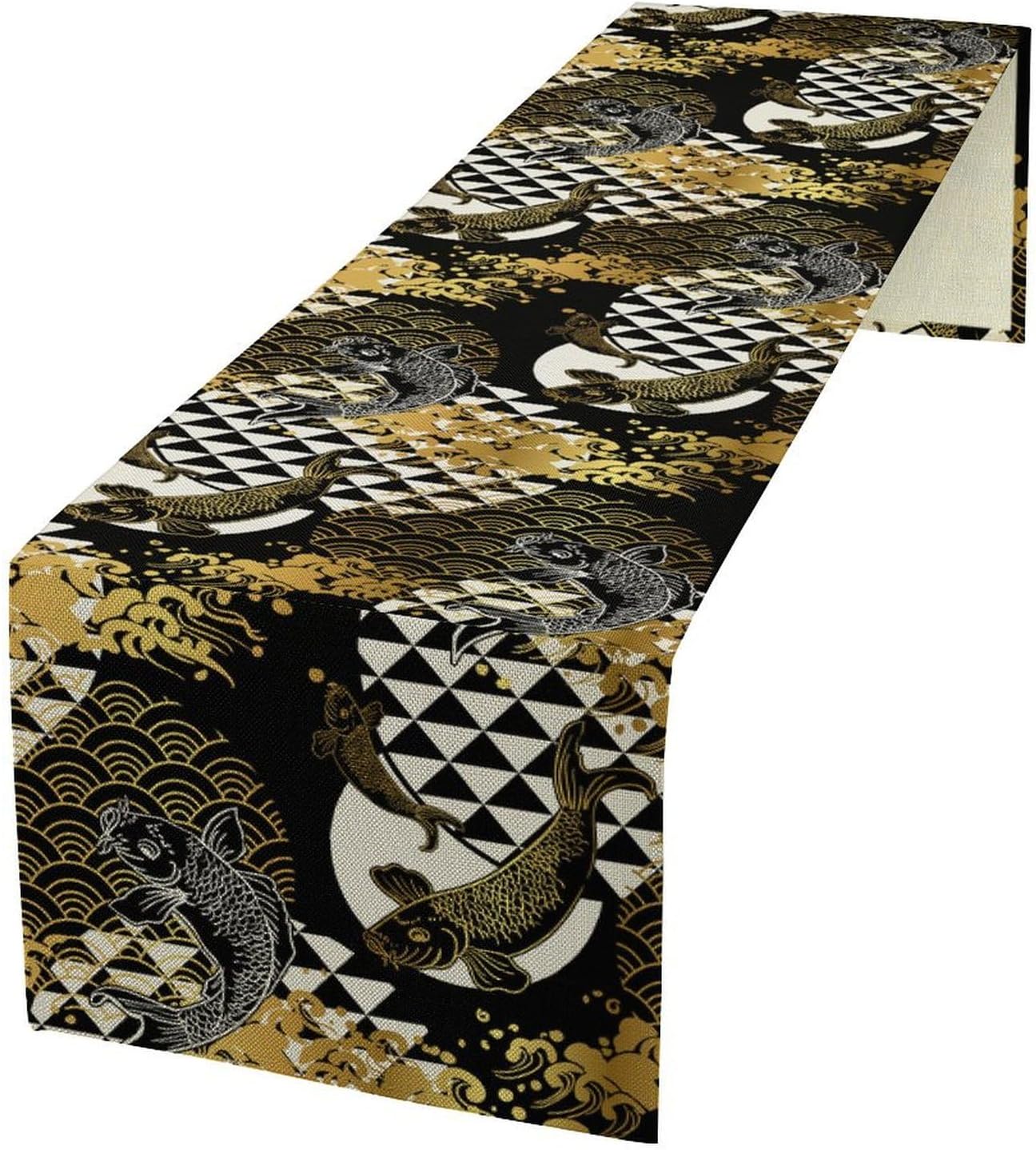 Japanese Table Runner Oriental Tradition Kio Fish Gold Art Printed Burlap Runner Home Kitchen Dining Table Living Room Decor Fabric 1 Panel W13xL108in