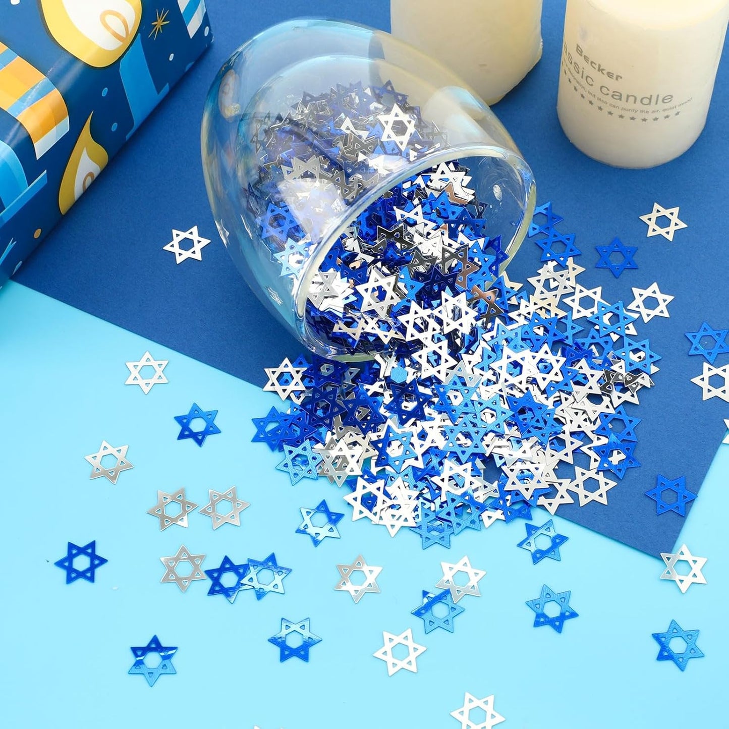 MARFOREVER Star of David Glitter Confetti, Hanukkah Confetti Table Decorations Chanukkah Metallic Foil Blue Silver Chanukkah Sprinkles Sequins Scatter for Jewish Festival Party Supplies Decor