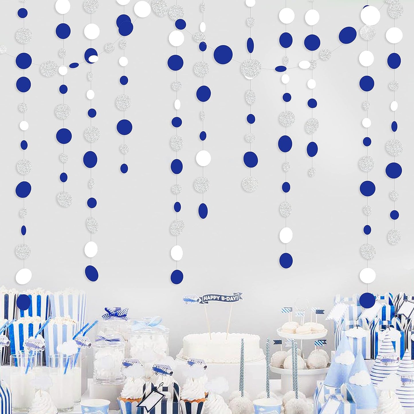 46 Feet Navy Blue White and Silver Circle Dots Garland Royal Blue Hanging Paper Polka Dots Streamer for Birthday Wedding Bridal Baby Shower Nautical Ahoy Achor Pirate Theme Party Decorations Supplies