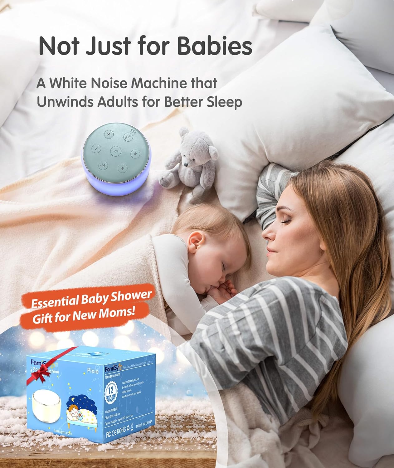 FamiSym White Noise Sound Machine Baby for Sleeping with Night Light – 34 Soothing Sounds, Rechargeable White Noise Machine for Kids Adults Sleep, Portable Lullaby Machine Baby Soother (Slate)