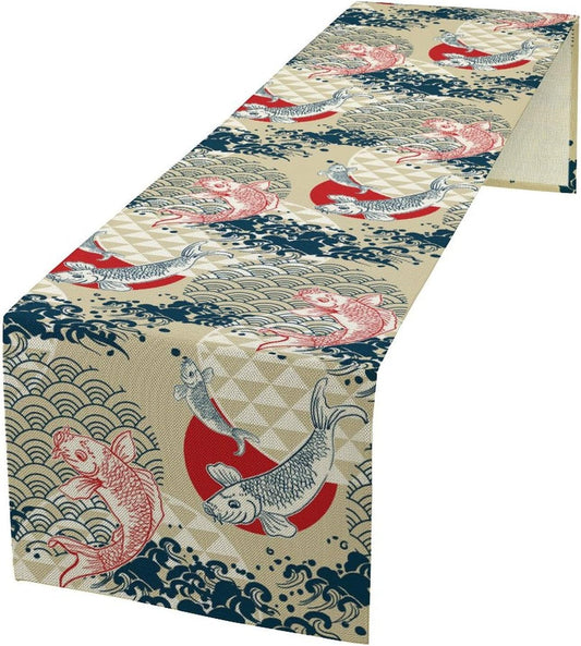 Japanese Table Runner Oriental Tradition Kio Fish Art Printed Burlap Runner Home Kitchen Dining Table Living Room Decor Fabric 1 Panel W13xL120in