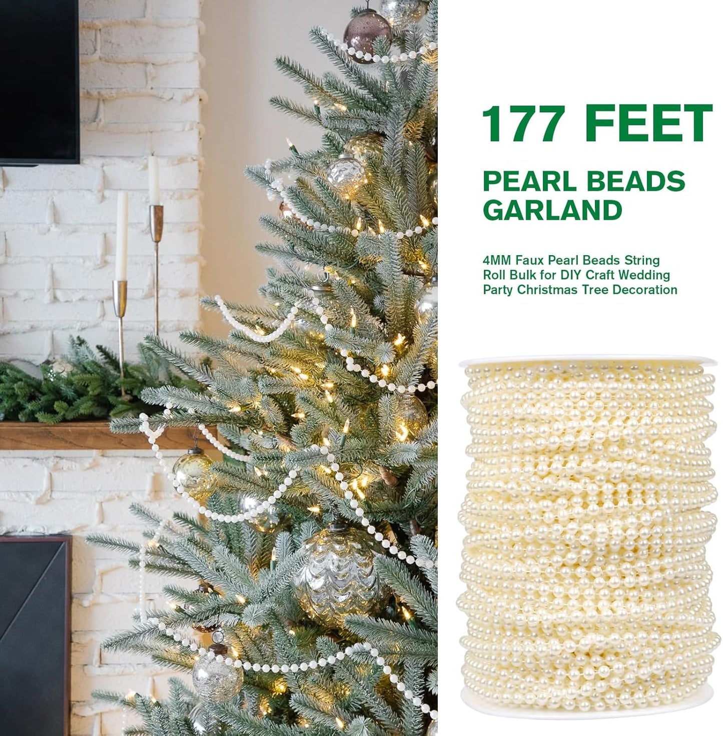 [177Feet] Pearl Beads Garland, 4MM 59 Yards Faux Pearl Beads String Roll Bulk for DIY Craft Wedding Party Christmas Tree Decoration
