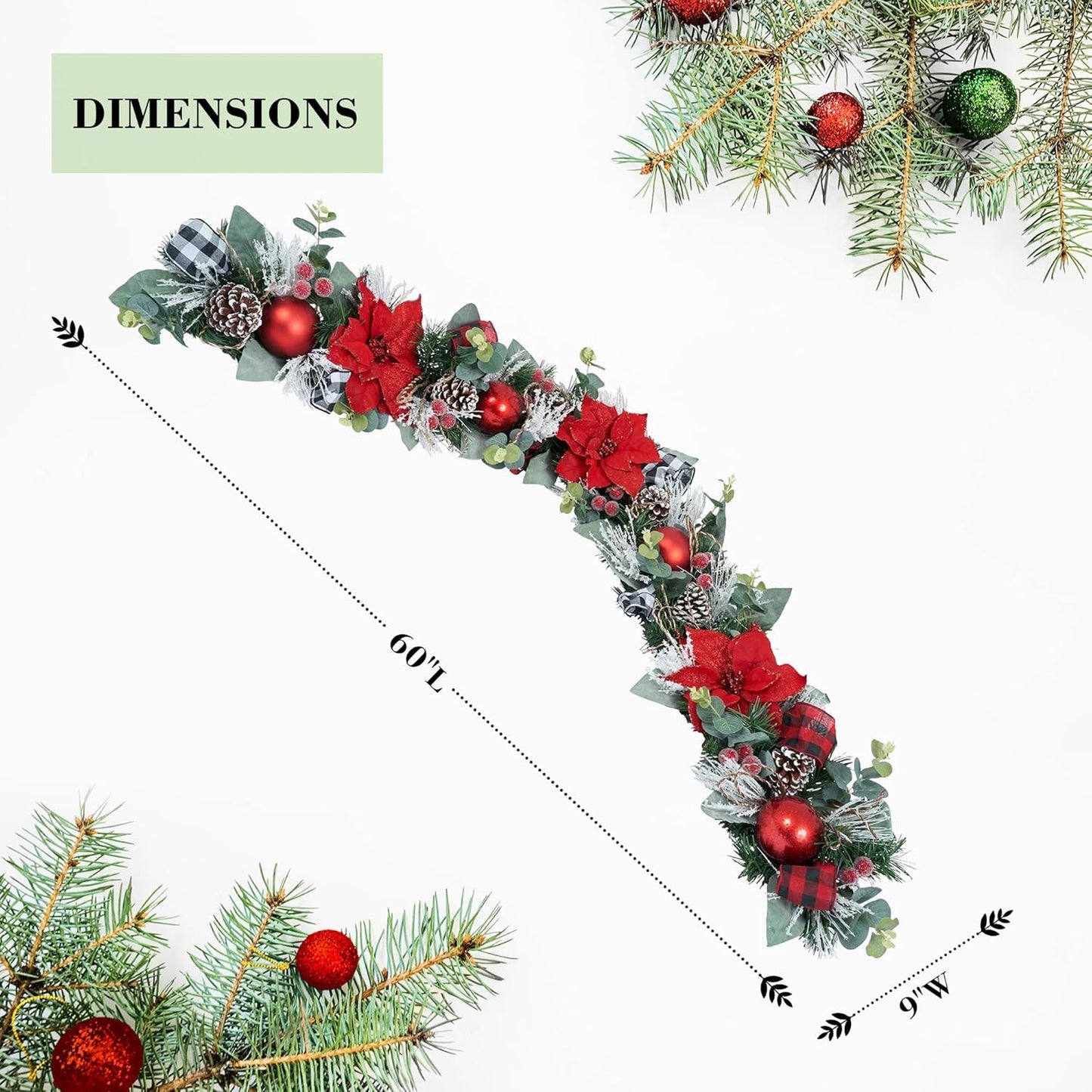 5 ft Christmas Garland for Mantle Unlit Garland for Stairs Railing, Banister, Staircase, Fireplace, for Table No Light, Garland Decor Frosted Red Poinsettia Holiday Tree (Glittery Red Poinsettia)