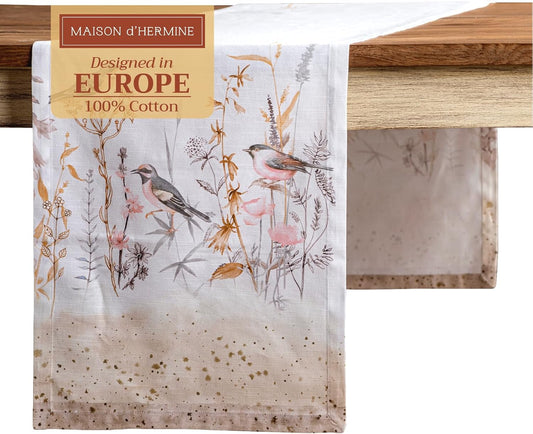 Maison d' Hermine Table runner 100% Cotton Single Layer Table Runners 72 inches long Decorative for Home Kitchen Dining Party Wedding Bridal Shower Spring Summer (Meadow Florals - Beige, 14.50" x 72")