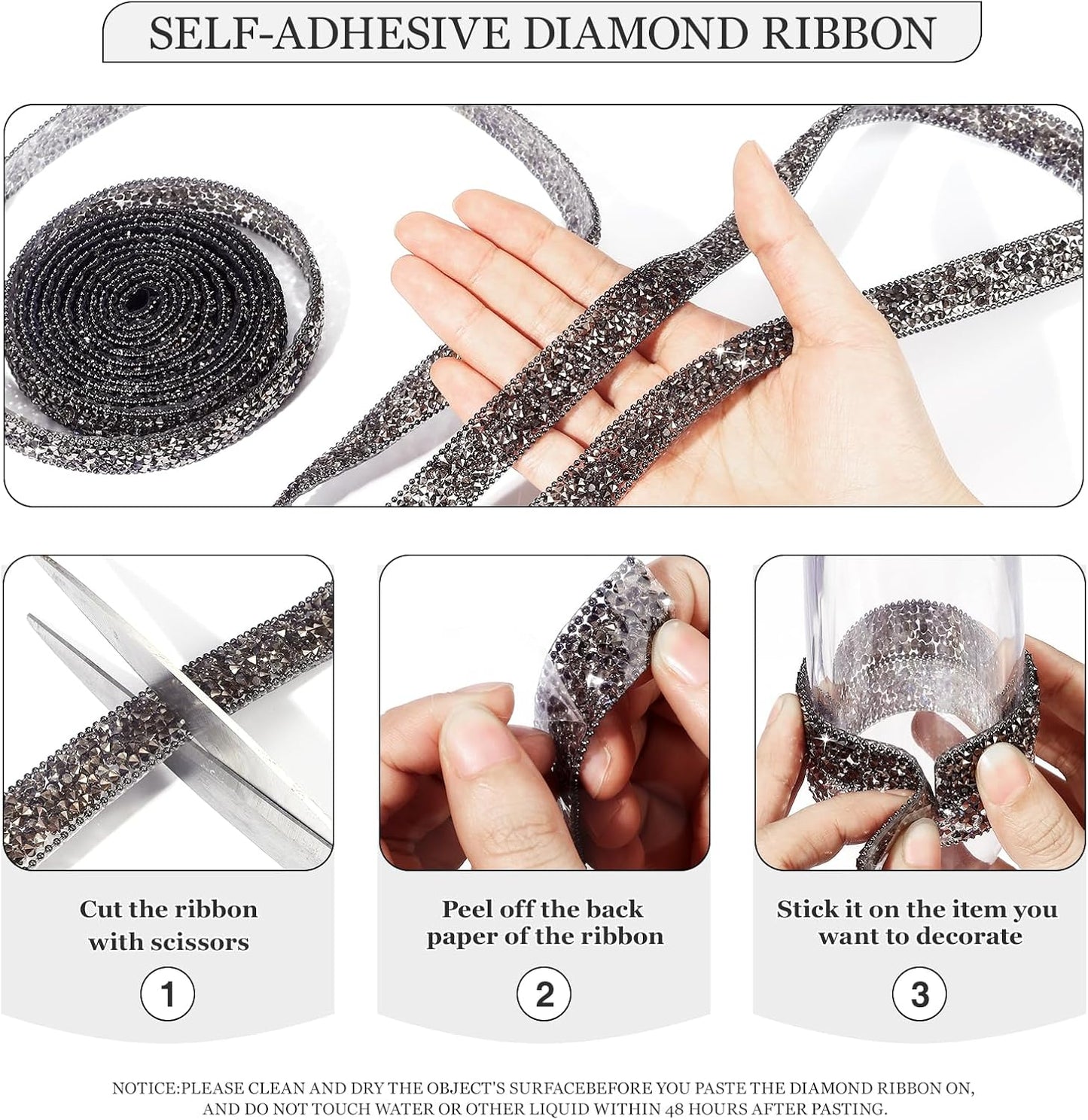 Rhinestone Ribbon 3 Yards Self Adhesive Rhinestone Strips Diamond Ribbon Sticker Crystal Roll Glitter Bling Rhinestones Tape for Crafting DIY Art Decoration (Jet Hematite,0.6 Inch)