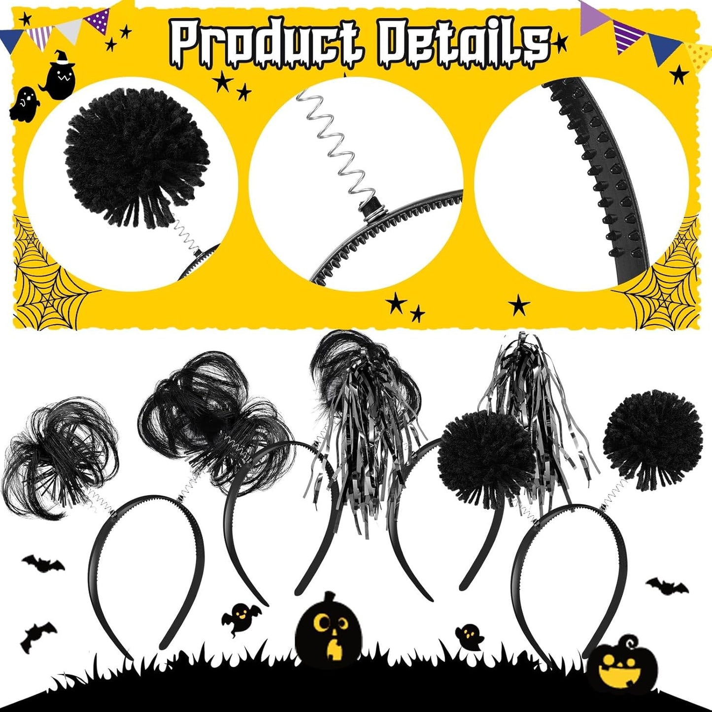 Censen 12 Pcs Halloween Pom Pom Party Headbands Tinsel Ponytails Spirit Head Bopper Headwear for Christmas Birthday Holiday