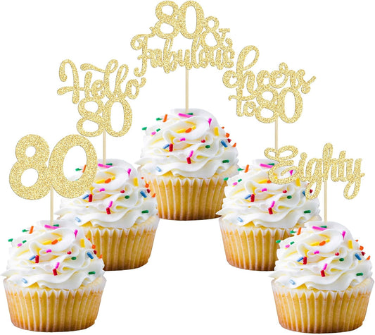 Gyufise 30Pcs Happy 80th Birthday Cake Topper, Gold, for Birthday Anniversary Party Decorations