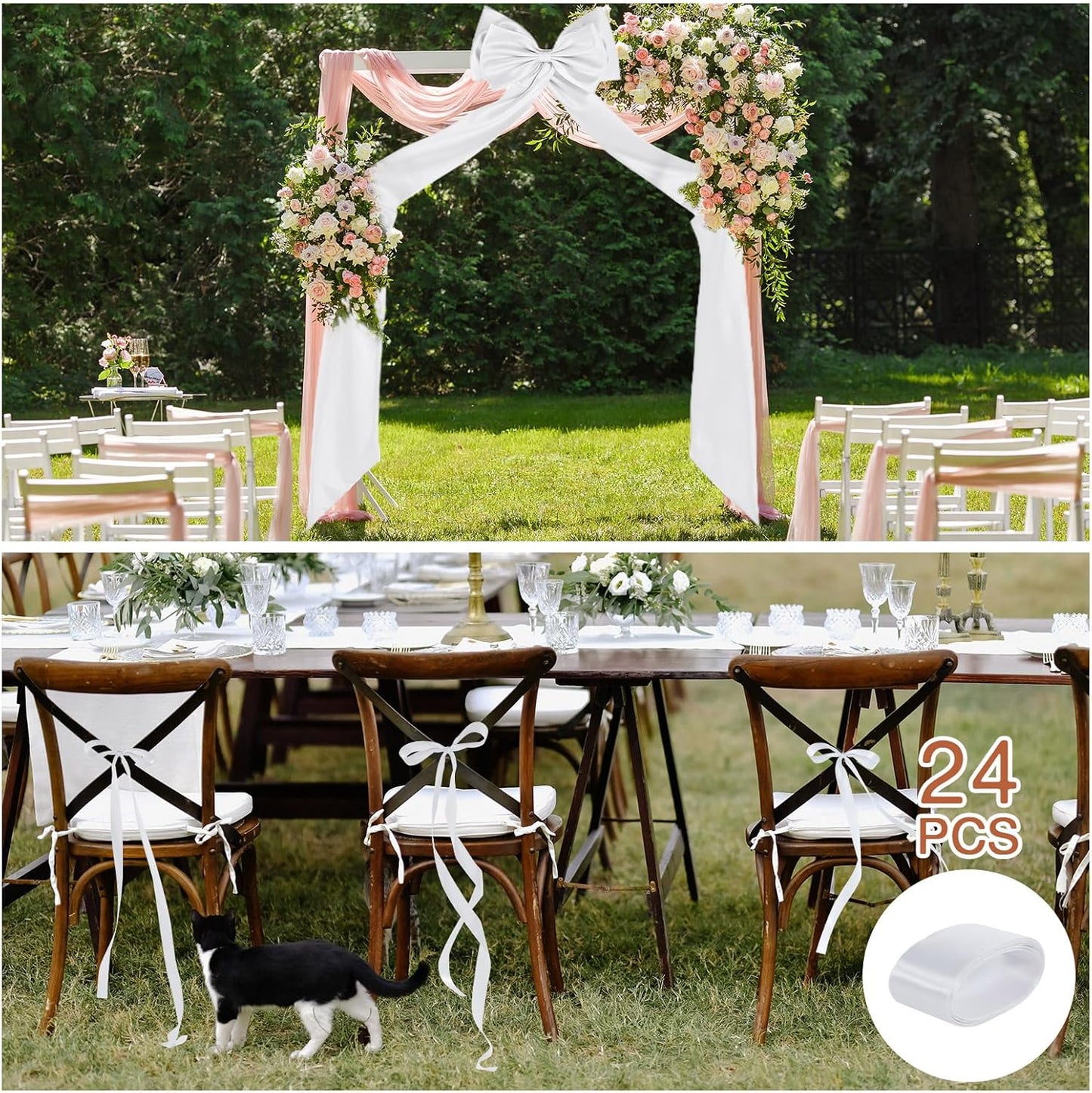Big Bow with 24 Pcs Chair Ribbon Wedding Aisle Decorations, 78x18 inch Giant Bow for Backdrop Detachable Bow for Dress, Pew Bows Sashes for Chair Wedding Ceremony Outdoor Party (White)